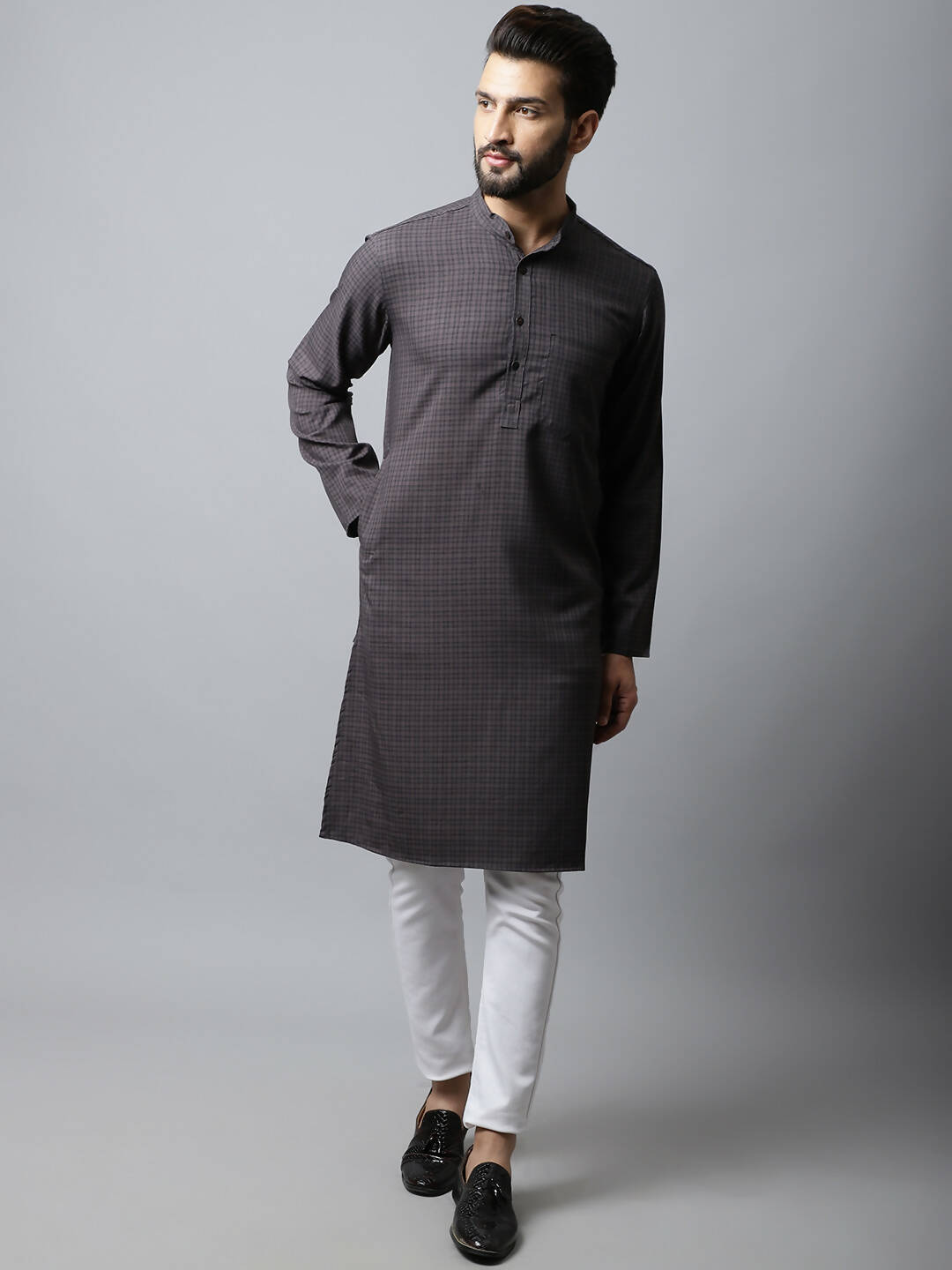 Even Apparels Black Color Pure Cotton Men's Kurta With Band Collar (CHK1166) 