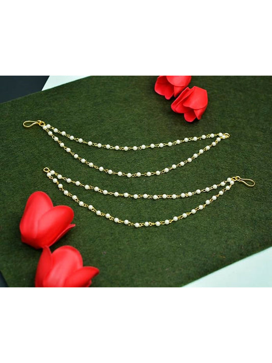 NVR Pearl Studded Classic Gold-Polished 2 Line Ear Chain Ear Cuff 