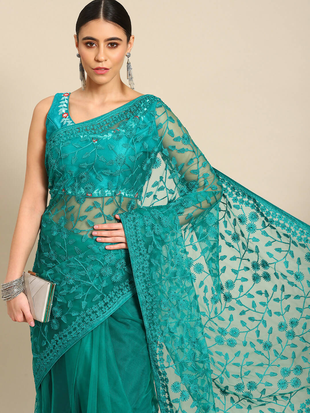 Sea Green Woven Design Net Saree with Blouse Piece - Kalamkari