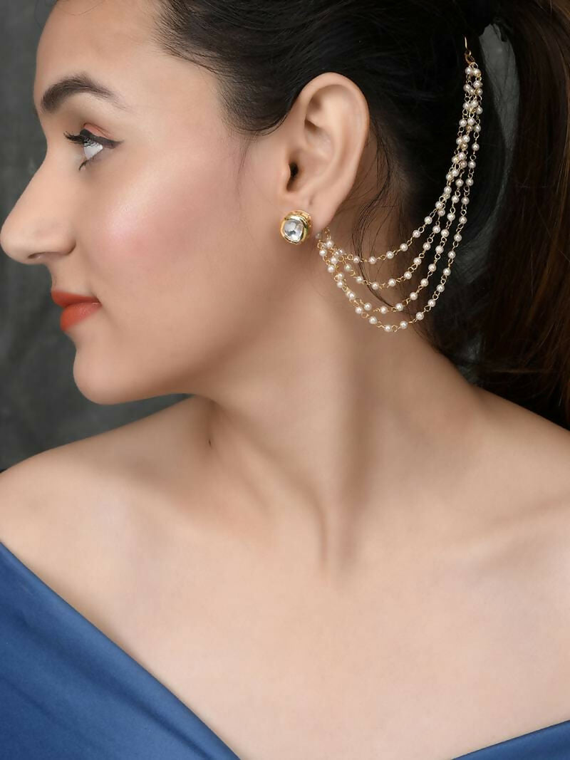 NVR Pearl Studded Classic Gold-Polished 4 Line Ear Chain Ear Cuff 