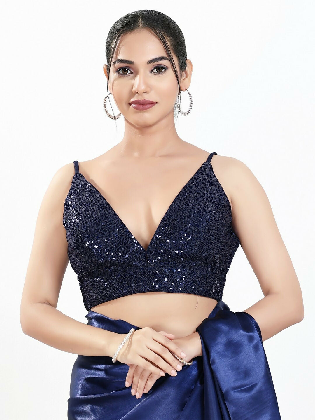 Joban Fashion Navy Blue Sequin Padded Blouse With V Neck Sleeveless