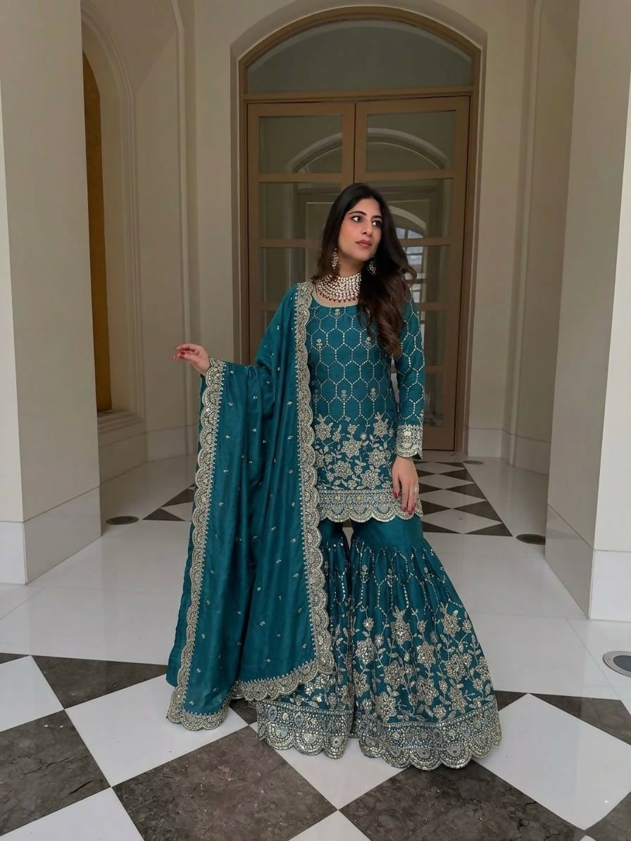 Teeya Creation New Trendy Latest Designer Embroidery Sharara Kurta Set -Teal