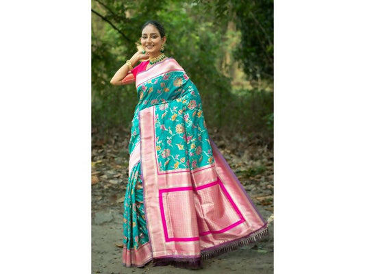 Aastha Fashion Women's Teal Banarasi Silk Meenakari Zari Woven Saree with Blouse - Grab2buy