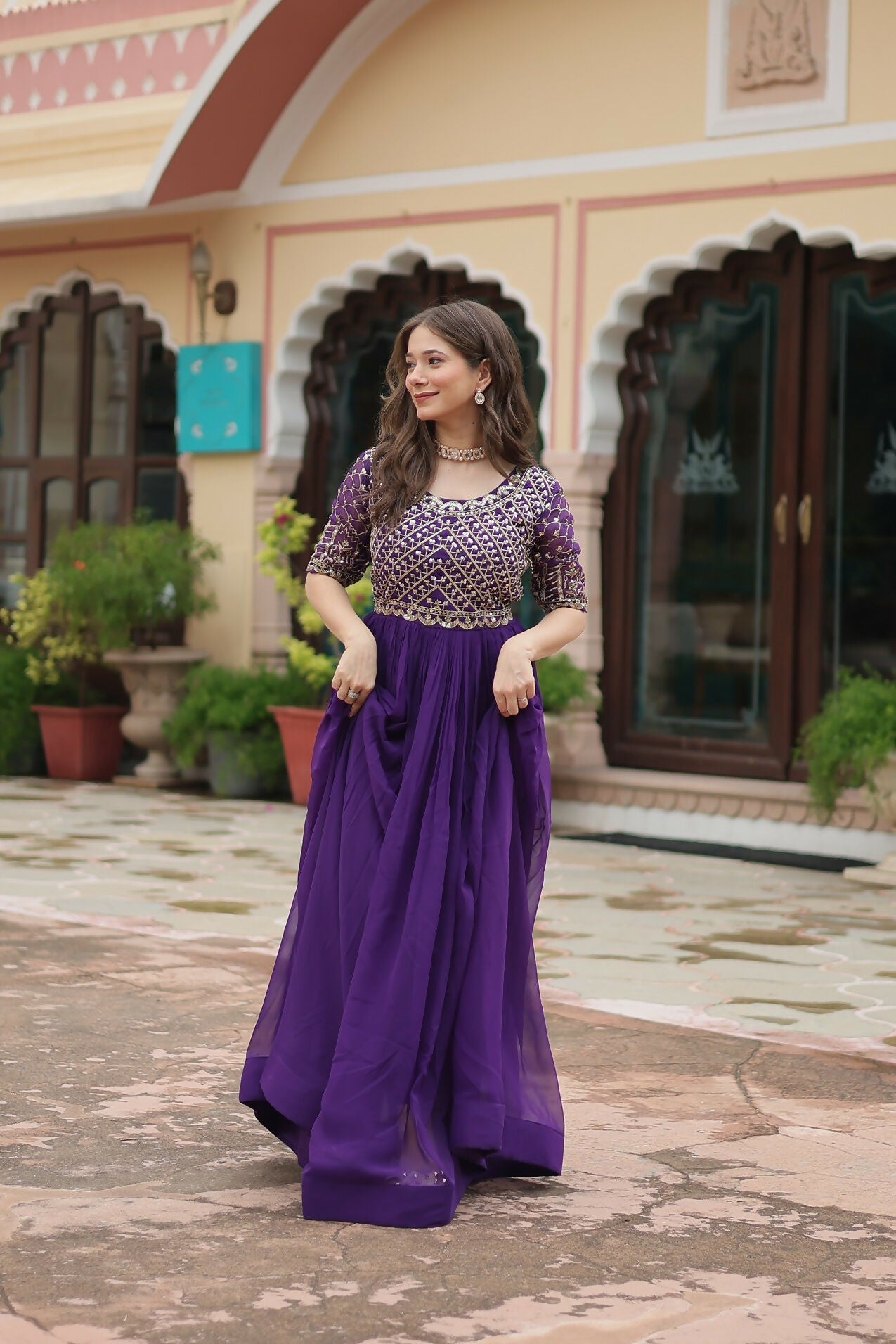 Joban Fashion Purple Georgette Sequence Embroidery Work Gown