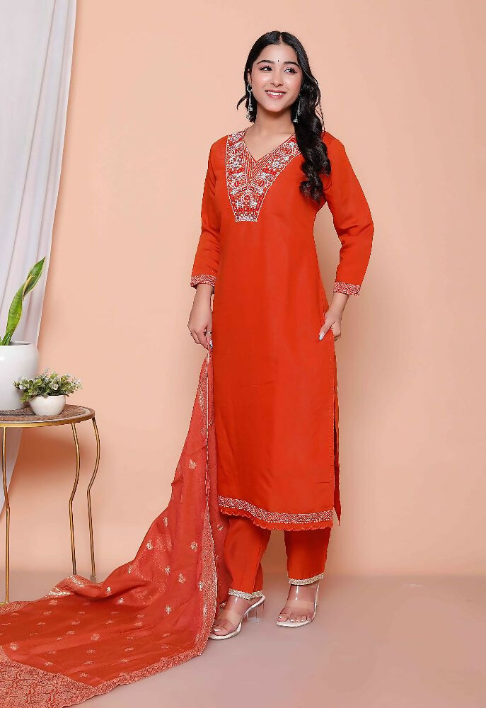 Miravan Womens Orange Embroidered Straight Kurta With Palazzo And Dupatta Set