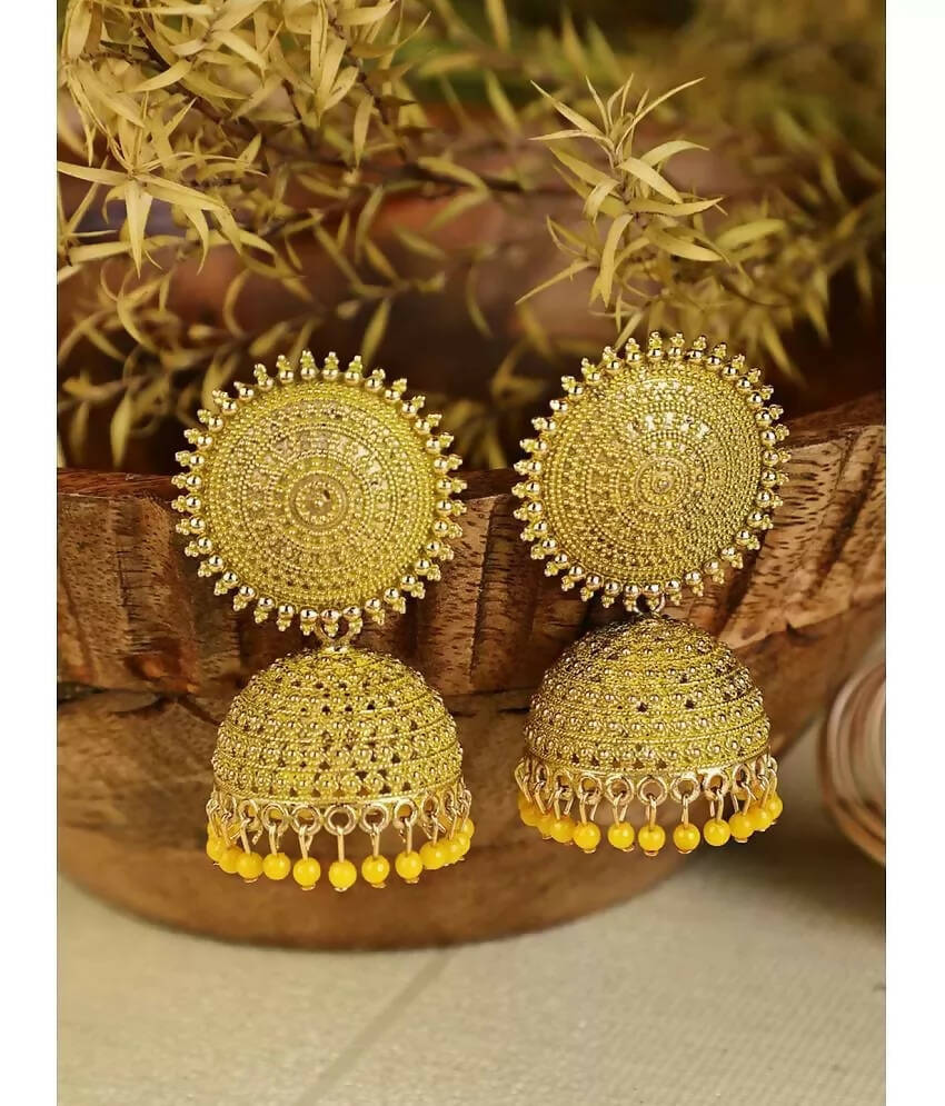 Mominos Fashion Joharkamal Gold-Plated Meenakari Jhumkas For Women & Girls (Yellow) - Grab2buy