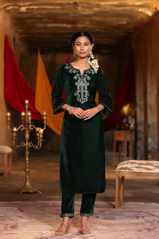 Juniper Women Jadegreen Velvet Embroidered Straight Kurta Sets - Grab2buy