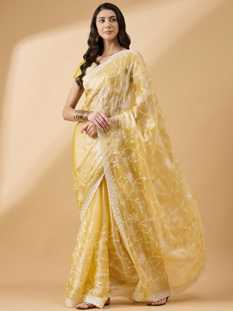 Pink Tissue Slub Embroidered Saree with Unstitched Blouse - Vairagi