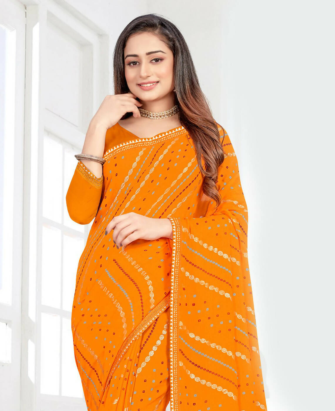 Mustard Georgette Bandhani Printed Saree With Unstitched Blouse Piece - Jyoti