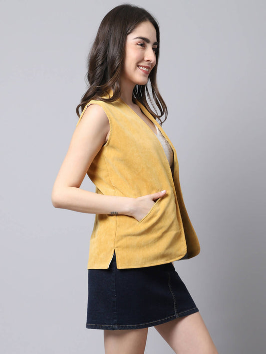 Even Apparels Mustard Polyblend Open Front Women's Waistcoat - Grab2buy