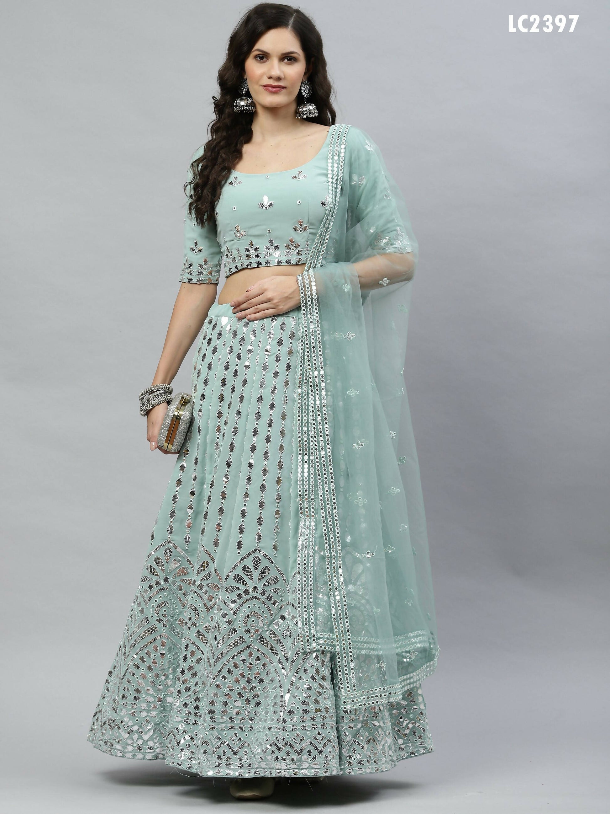 Pista Green Georgette Paper Mirror Embroidery Work Lehenga Choli with Dupatta - Jivika