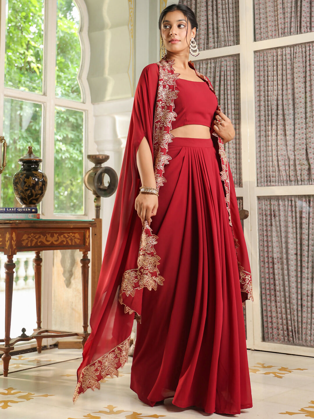 Janasya Maroon Georgette Solid Top Bottom Cape 