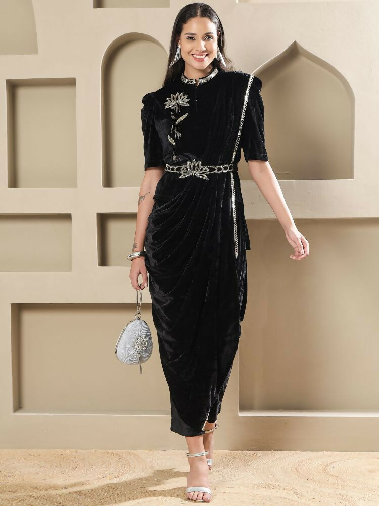 Joban Fashion Women Black Velvet Hand Embellishment Stitched Kurta Set