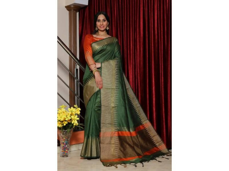 Aastha Fashion Women's Green Raw Silk Temple Zari Woven Saree with Blouse - Grab2buy