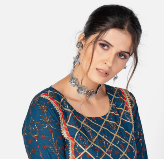 NOZ2TOZ Women Dark Blue Anarkali Cotton Kurta With Pant & Dupatta (3Pcs Set) 