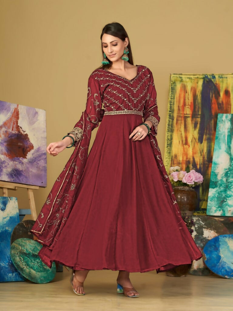 Jyoti Fashion Women's Maroon Georgette Embroidered Anarkali Kurta Pant Set With Dupatta