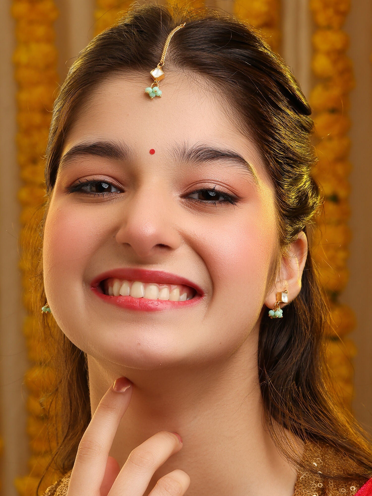 Ruby Raang Set Of Pastel Green Maang Tikka And Earrings