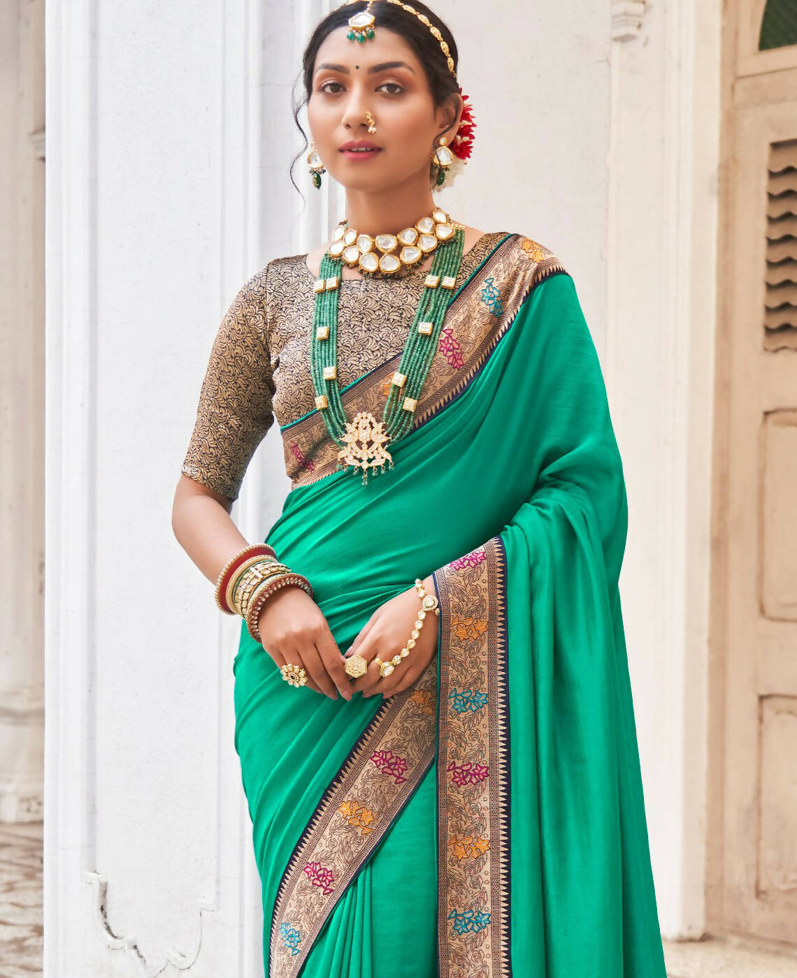 Sea Green Vichitra Solid Saree With Unstitched Blouse Piece - Juhi