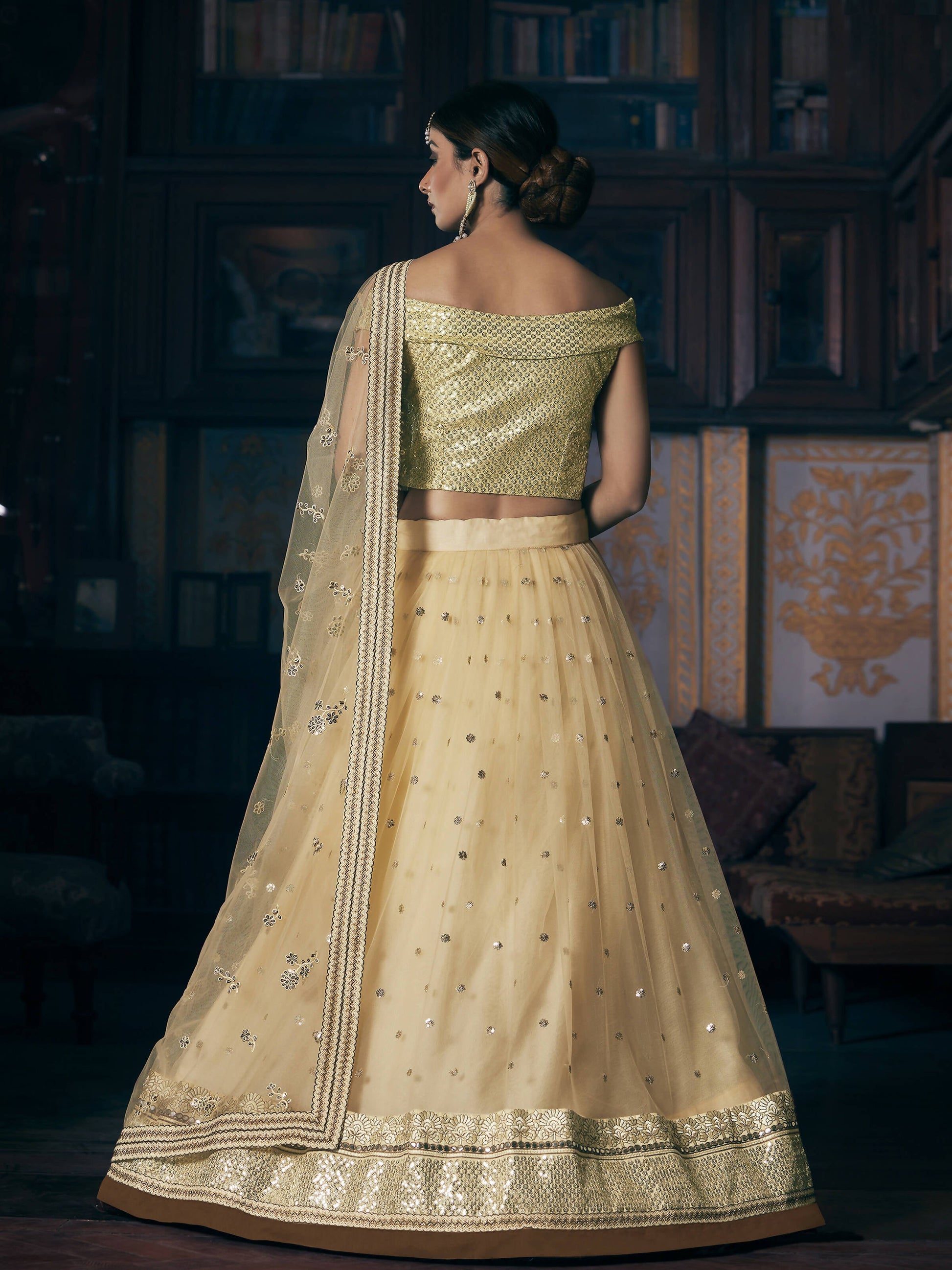 Wedding Designer Sequene Zari Resham Embroidery Cream Net Lahengha Choli - Anbazaar - Grab2buy