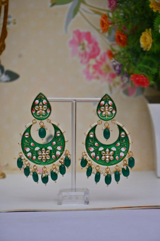 Green Gold-Polished Brass & Pearl Dangle Women Earrings| Hand Painted Meenakari Chandbali Traditional Ethnic Wear Earrings By House of Ree House of Ree