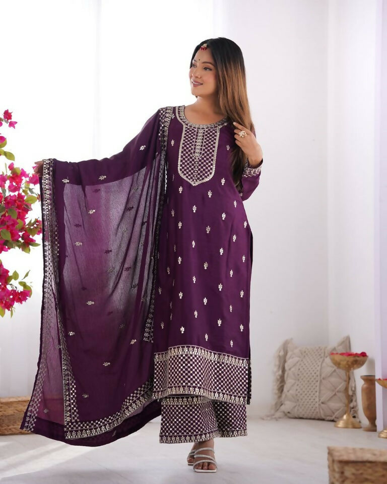 Teeya Creation Wine Color Pure Chinnon Silk Embroidery Work Functional Wear Salwar Suit