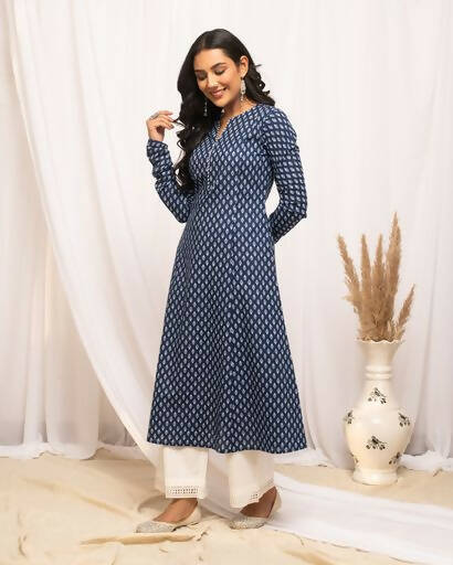FIORRA Women's Floral Printed Navy Blue Cotton A-Line Kurta 