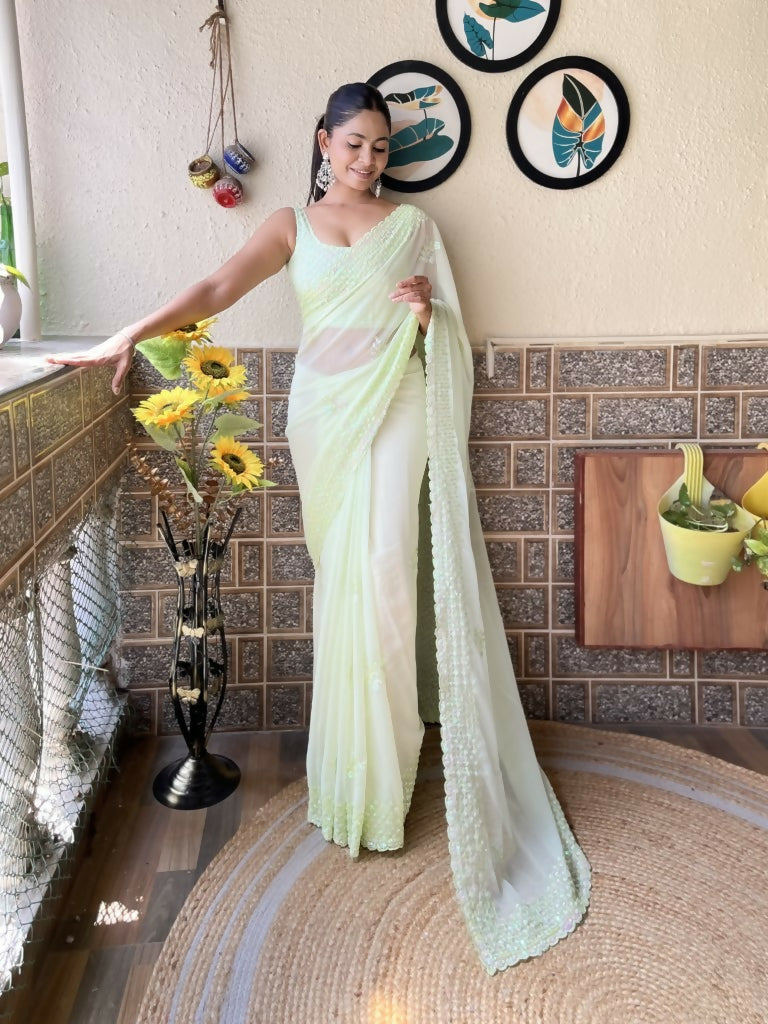 Green Georgette Sequence Embroidery Cut Work Saree - Saadia