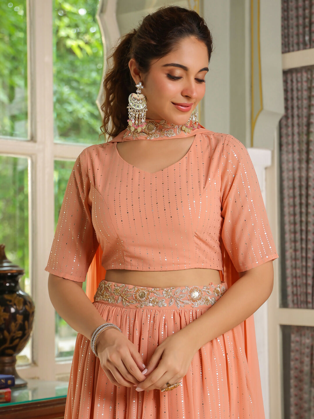 Janasya Peach Georgette Foil Print Lehenga Choli Dupatta 
