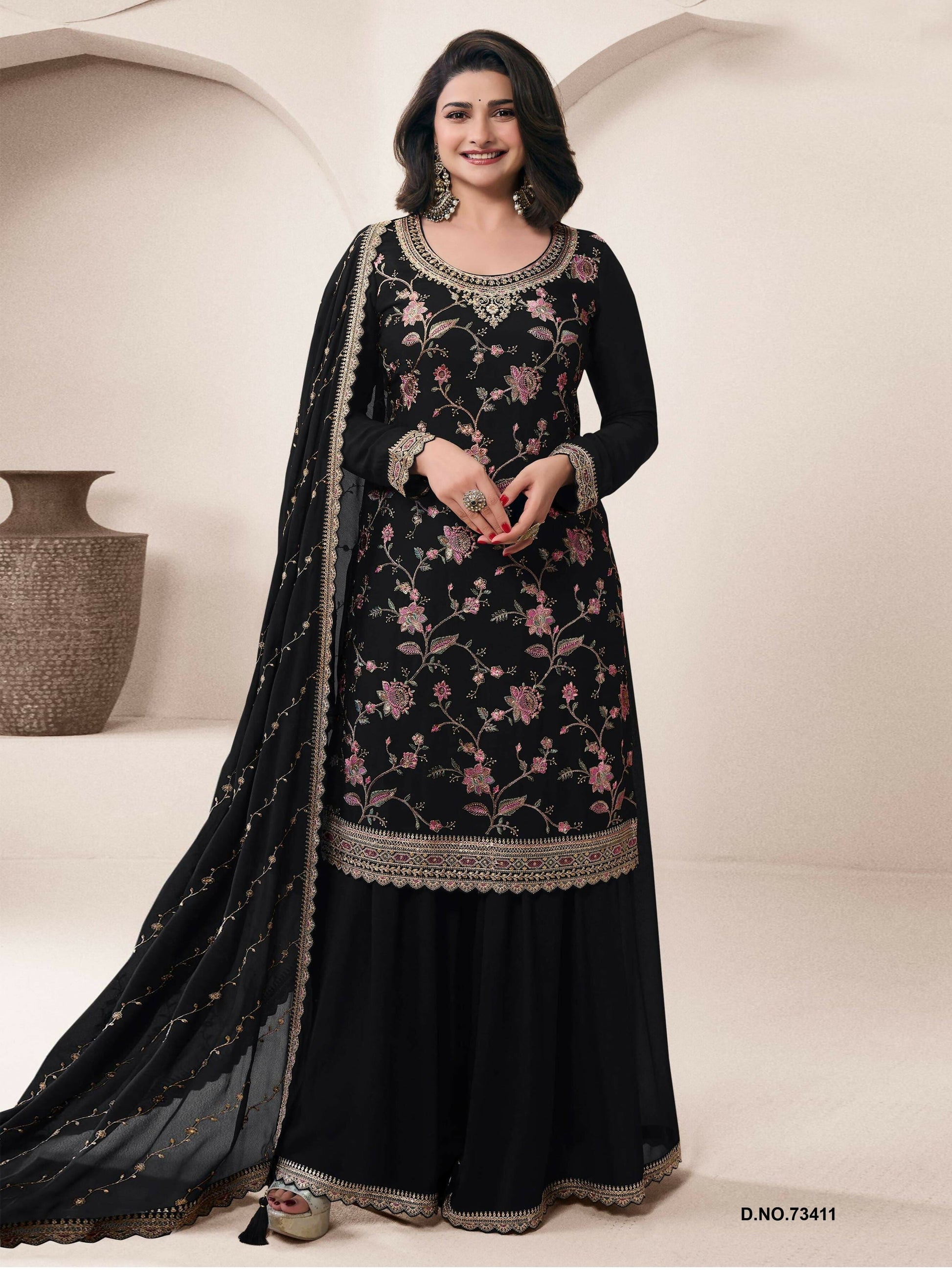 Anaita Black Heavy Chinon With Embroidery Sharara Suit (bottom Stitched)