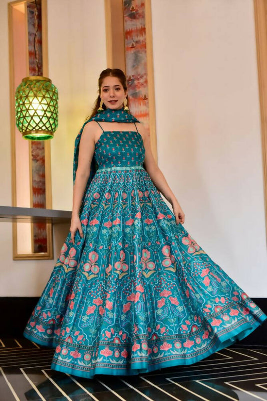 Partywear Designer Light Steel Blue Pure Maslin Gown - Anbazaar - Grab2buy