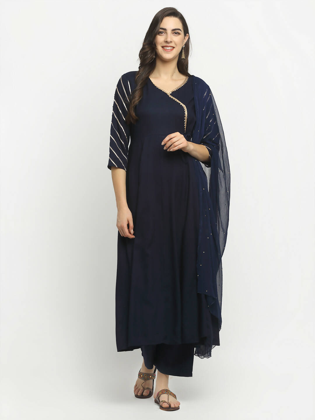 Rudra Bazaar Blue Angrakha Style Flared Kurta with Pyjamas & Dupatta