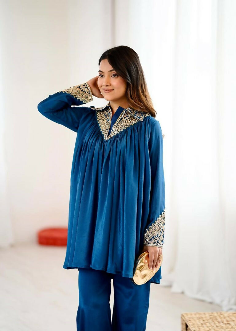 Teeya Creation Blue Heavy Chinnon Silk Embroidery Work Plazo pair