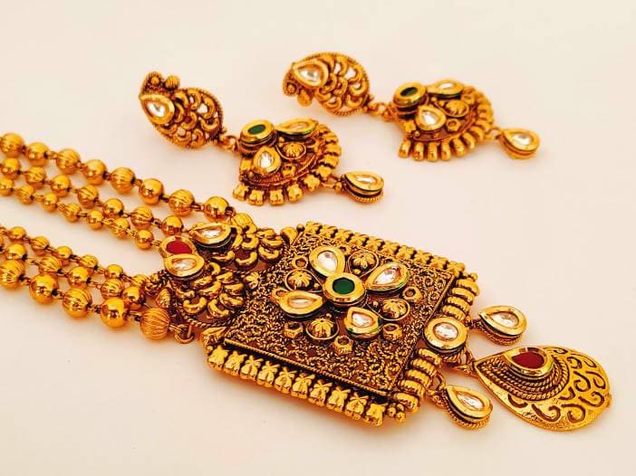 Designer Antique Bridal Gold Long Necklace Set