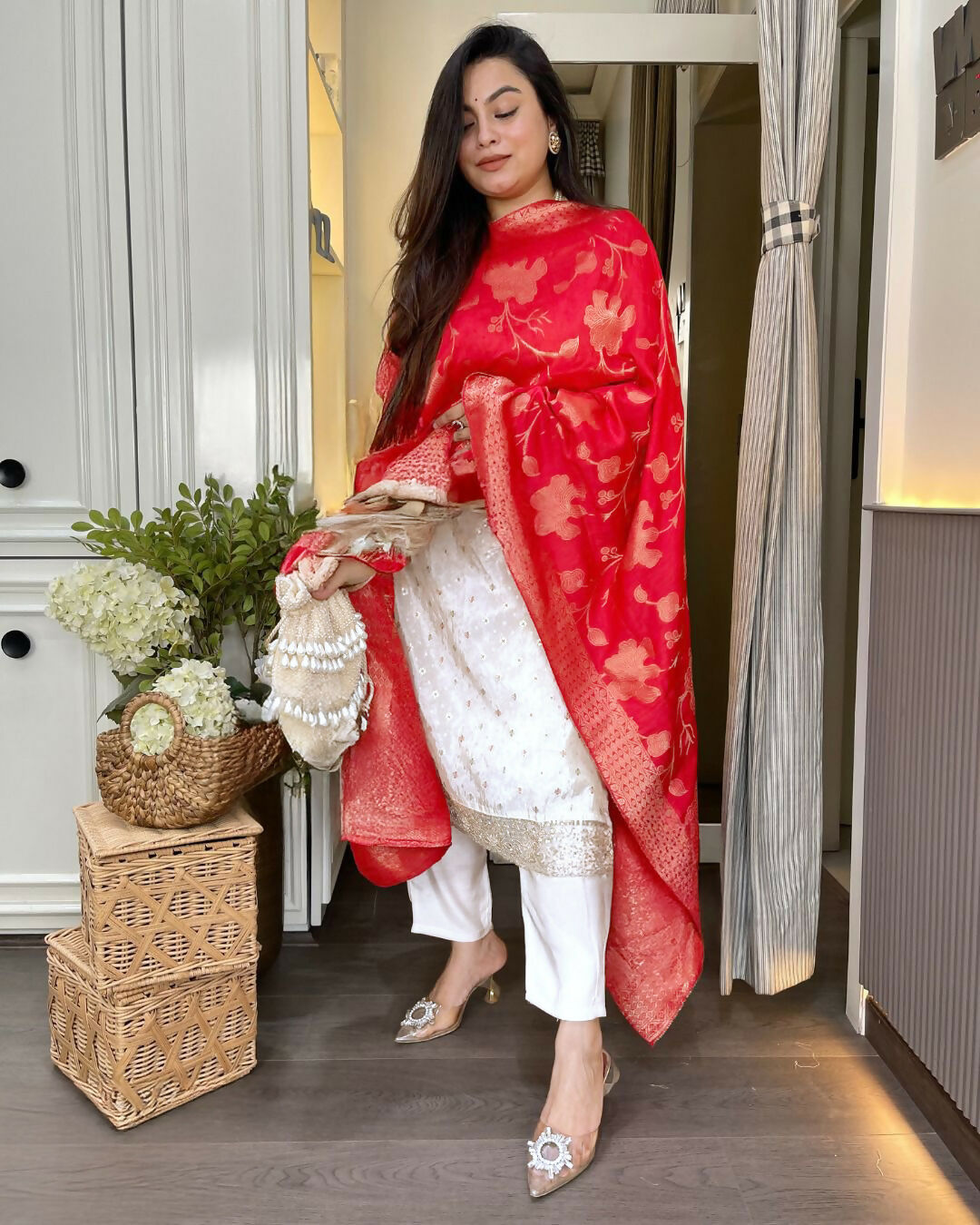 The52 White Women's Beautiful Chanderi Jacquard Fabric Embroidered Work Straight Kurta Pant and Dupatta Set | Grab2Buy