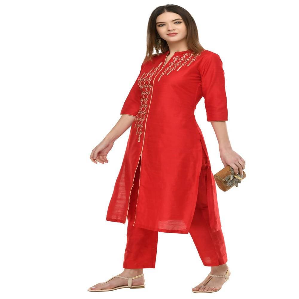 Lagi Women's Red Poly silk Straight Embroidred Kurta Pant (RO115B) 