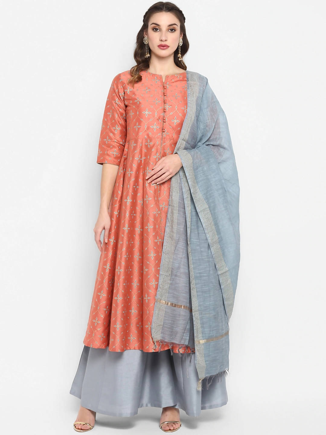 Janasya Women Peach & Grey Floral Print Anarkali Kurta with Palazzos & Dupatta