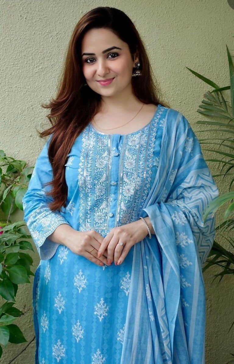 Alvano Women's Printed Straight 3Pcs Kurti with Pant and Dupatta set Cotton (Light Blue)