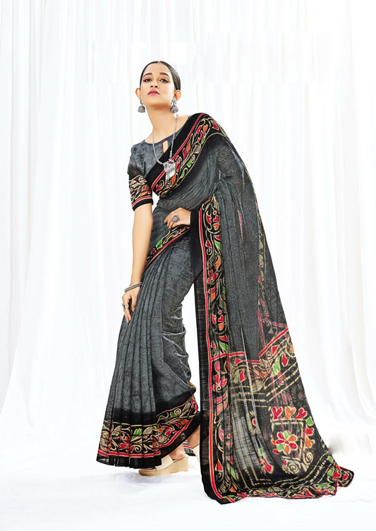 Grey Chanderi Cotton Floral Printed Saree With Unstitched Blouse Piece - Kathika
