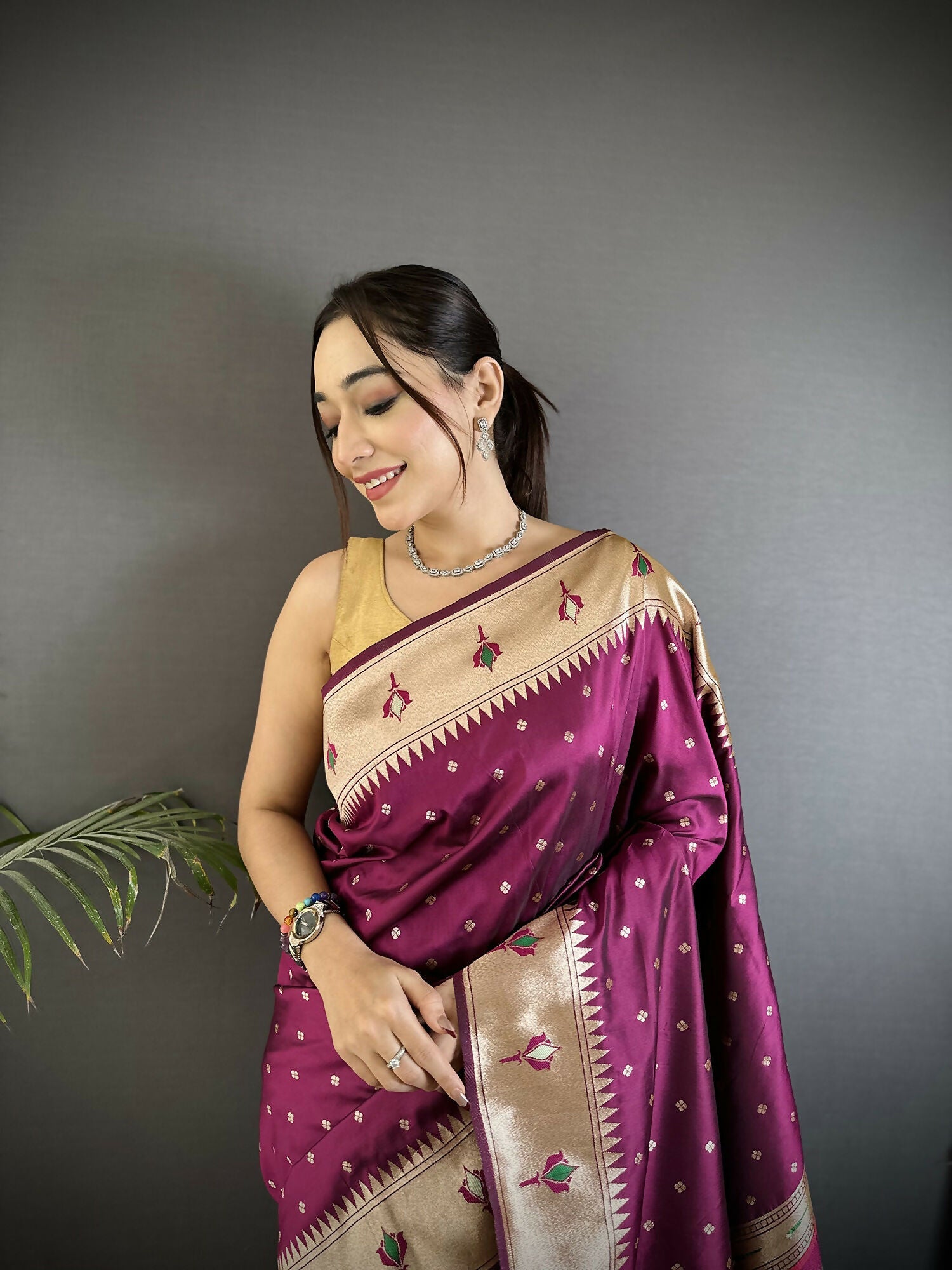 Joban Fashion Wine Peacock & Floral Motifs Soft Lichi Silk Kanchipuram Saree