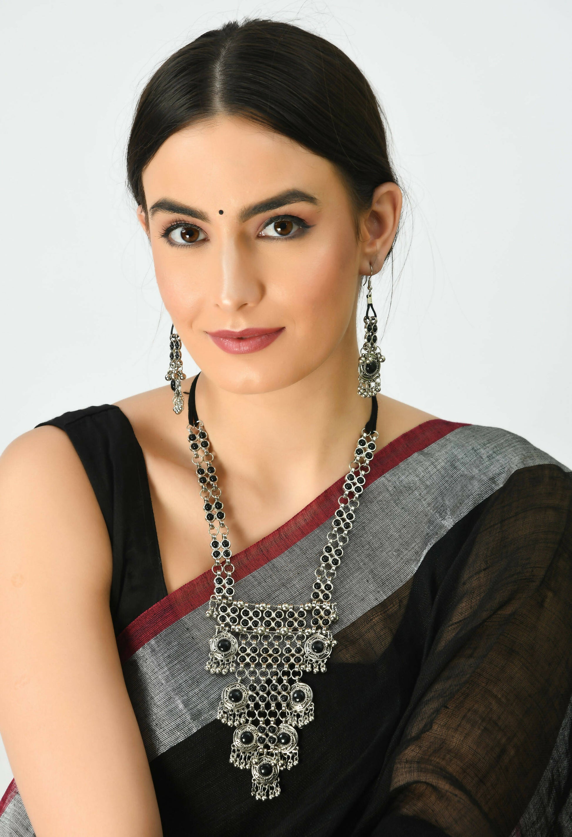 Mominos Fashion Johar Kamal Oxidised Silver-Plated Brass Finish Black Kundan Afghani Long Necklace For Women - Grab2buy