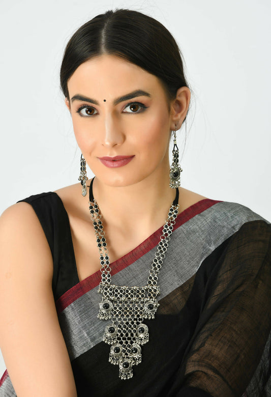 Mominos Fashion Johar Kamal Oxidised Silver-Plated Brass Finish Black Kundan Afghani Long Necklace For Women - Grab2buy