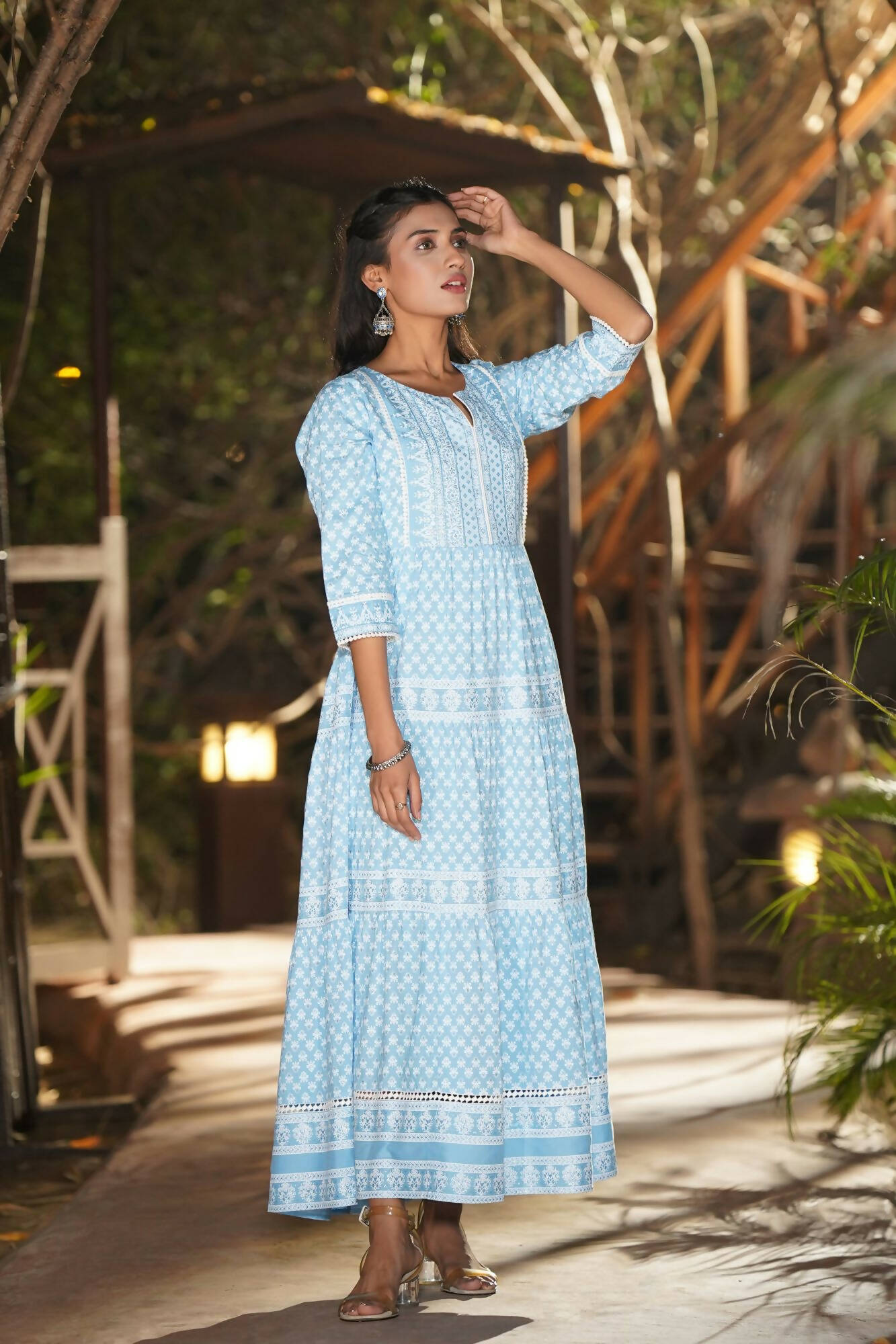 Juniper Women Blue Rayon Printed Tiered Dress