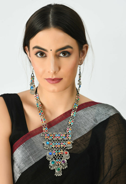 Mominos Fashion Johar Kamal Oxidised Silver-Plated Brass Finish Multi Kundan Afghani Long Necklace For Women - Grab2buy