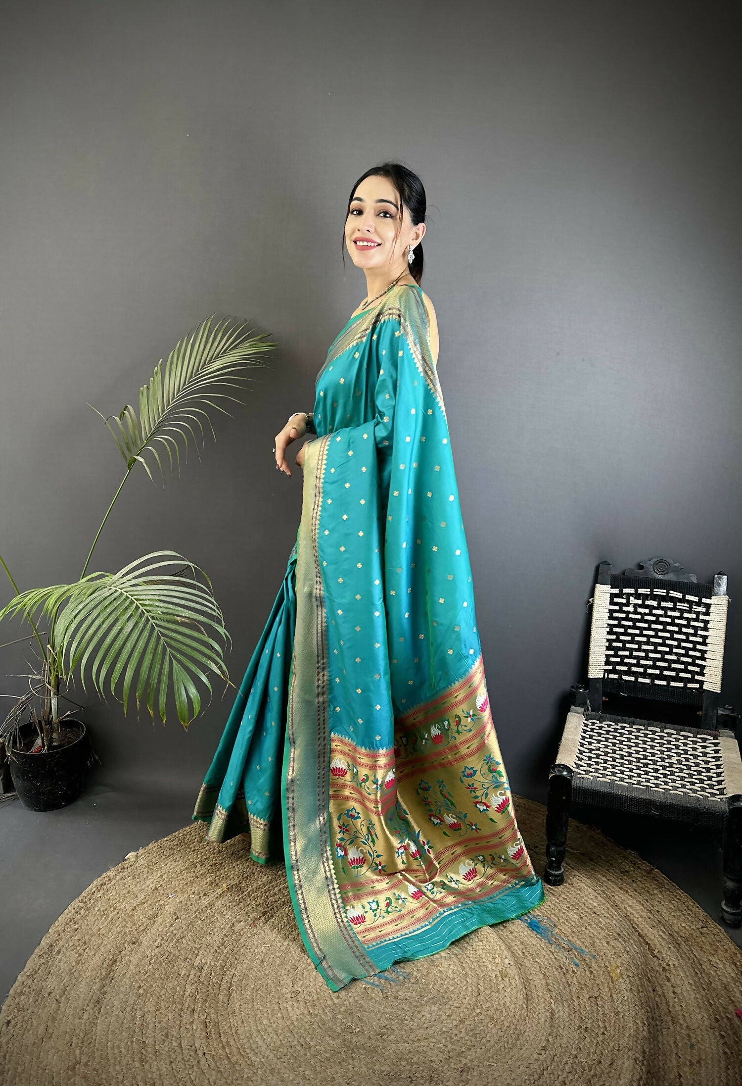 Joban Fashion Teal Butti Woven Soft Lichi Silk Paithani Saree