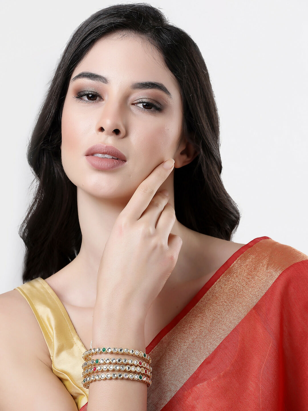 NVR Women Set of 4 Gold-Polished Kundan Studded Bangles 