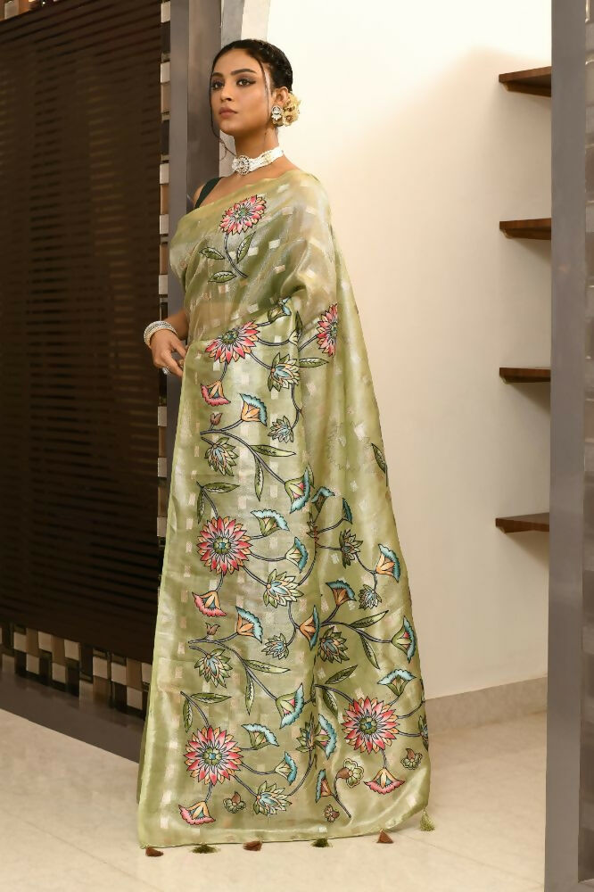 Joban Fashion Green Saree Tissue Zari Buti Allover Applick With Contrast Blouse