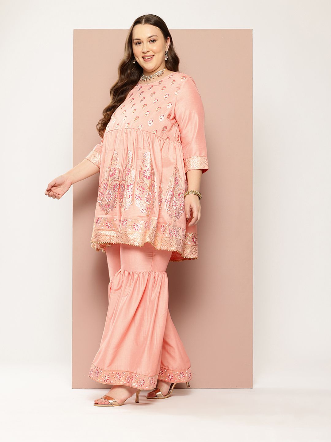 Sztori Plus Size Ethnic Motifs Printed Gotta Patti Empire Kurta with Sharara