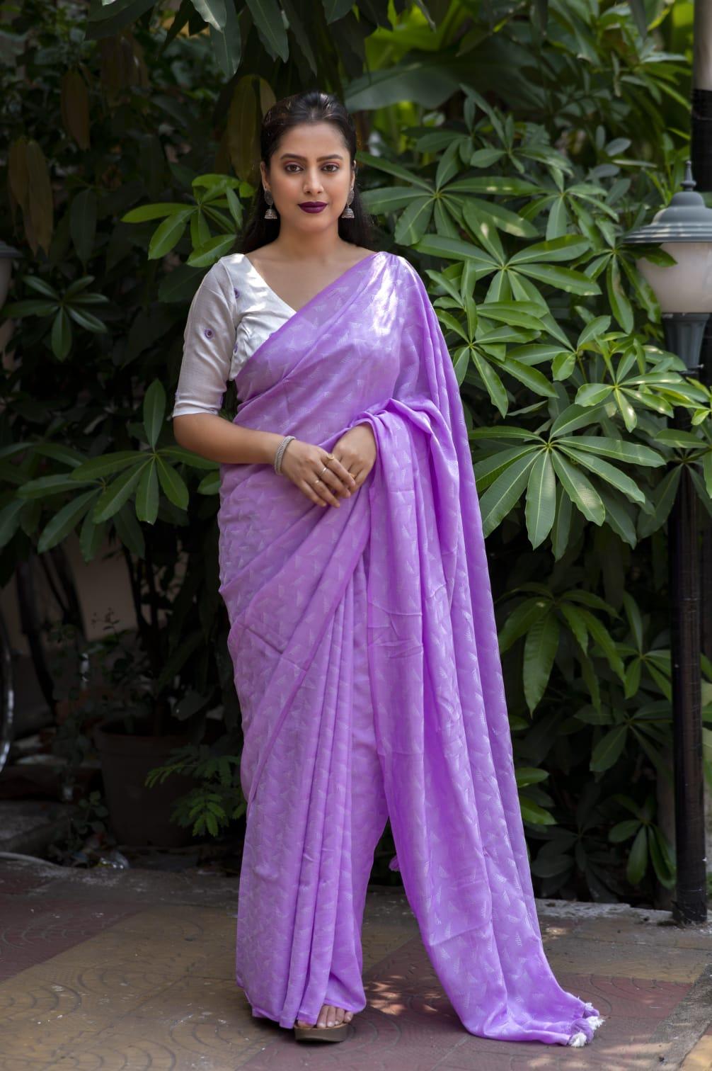 Lavender Poly Georgette Woven Design Saree with Unstitched Blouse - A2M
