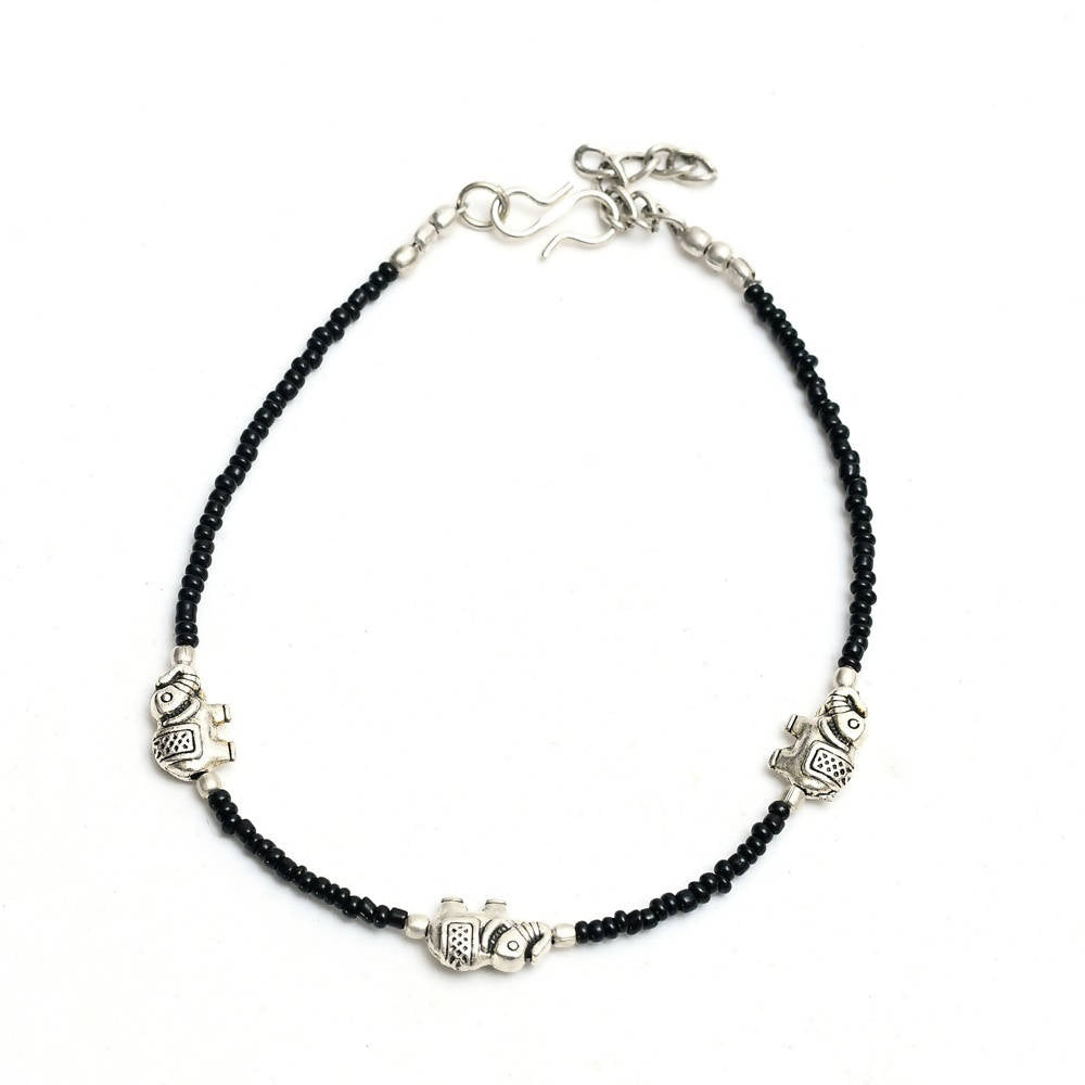 Mominos Fashion Kamal Johar Oxidised Elephant Design Silver/Black Anklets