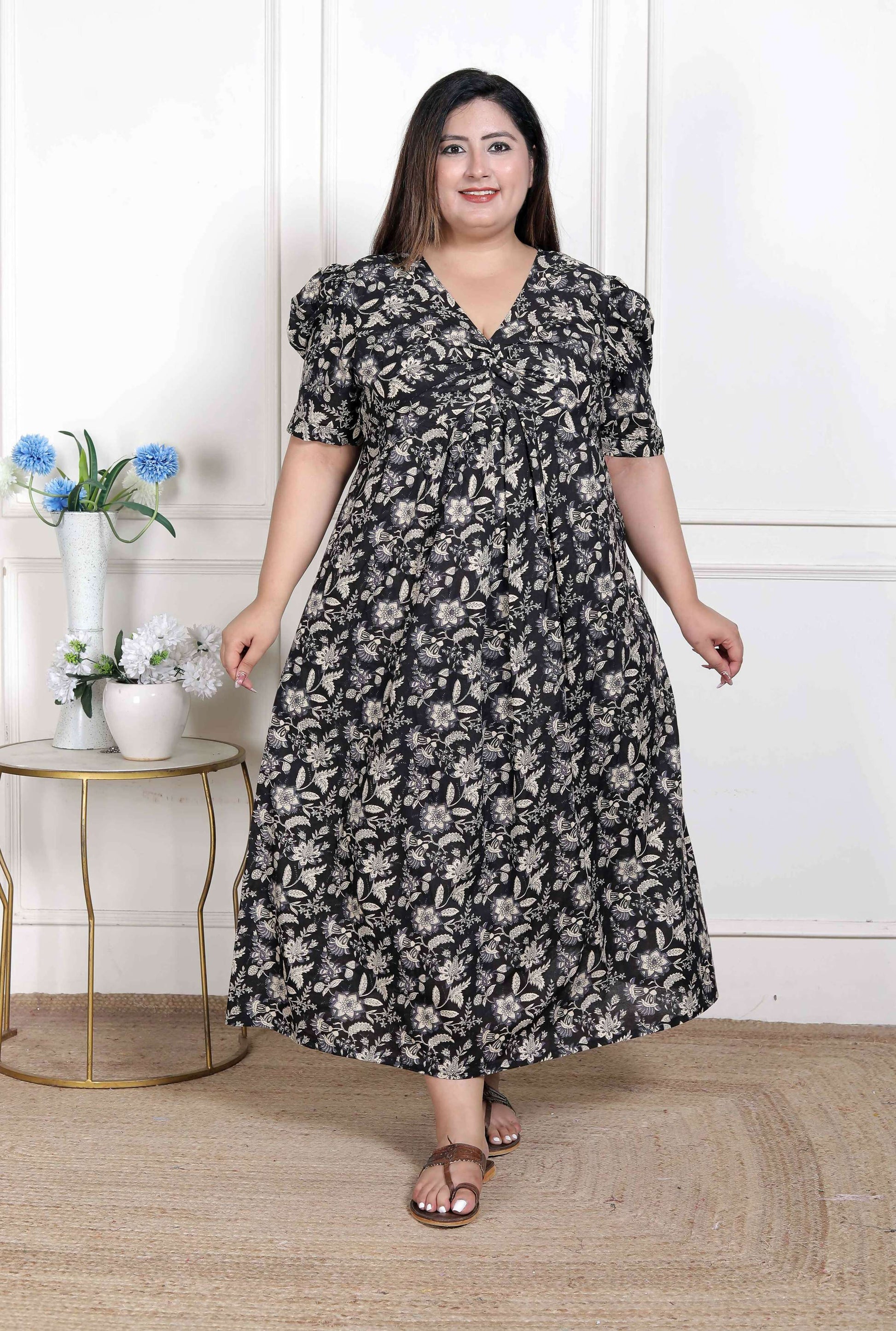 Miravan Women's Plus Size Pleated Puff Sleeve Floral Pure Cotton Black And White Butterfly Maxi Dress